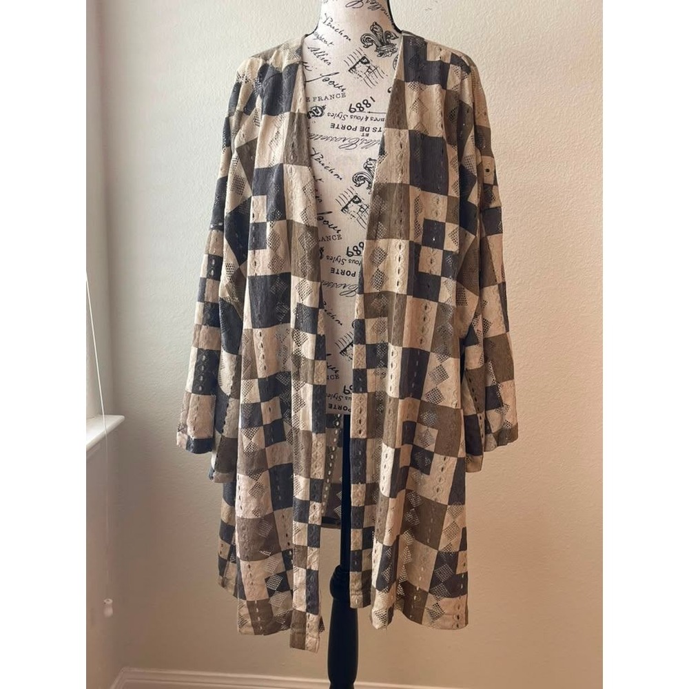 ASOS Womens Brown Checkerboard Pointelle Knit Open Front Kimono Cardigan L